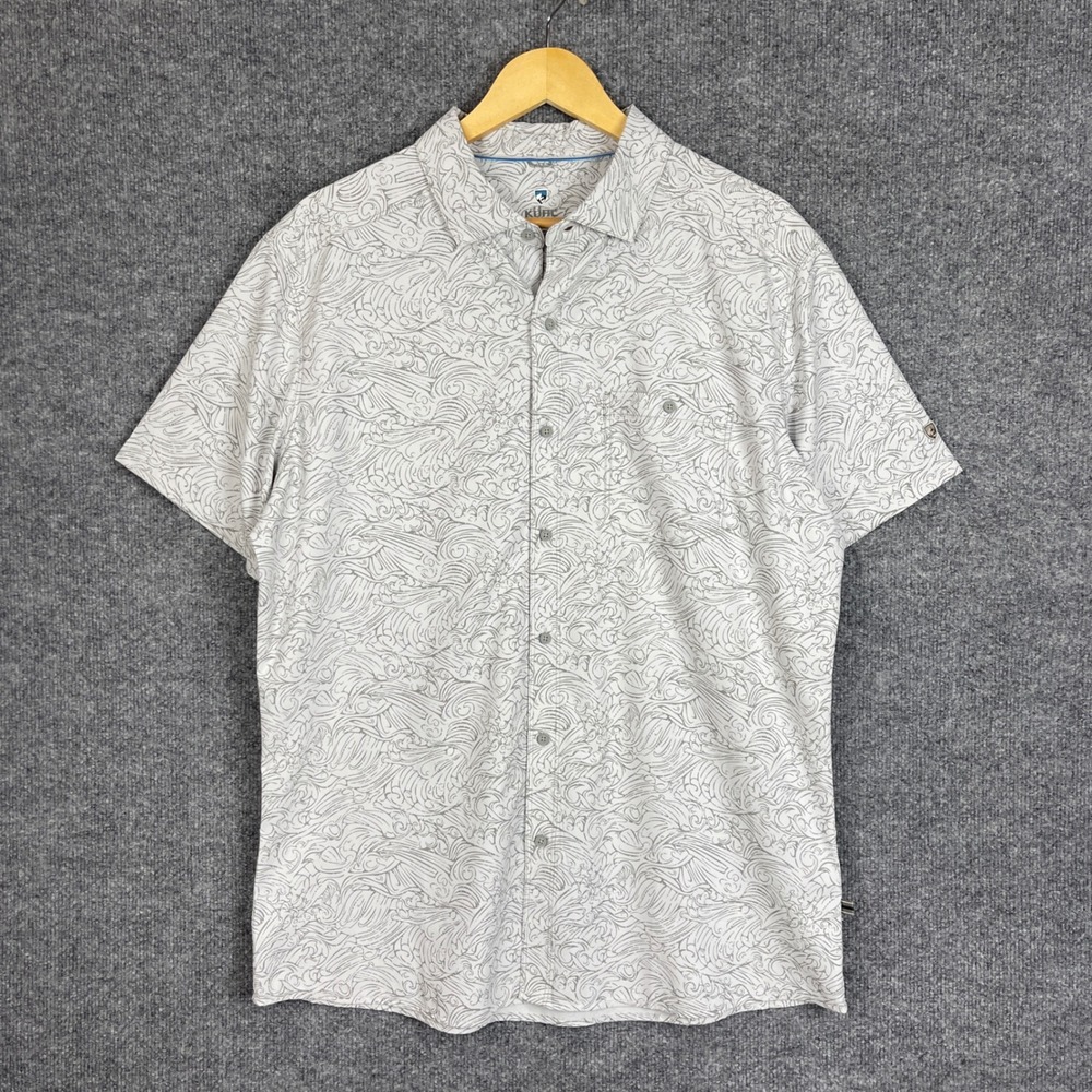 Kuhl Button Down Shirt Mens Large White Excellent Short Sleeve Wave Print